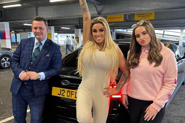 Katie Price with Steven O'Connor and his daughter Karla O'Connor, 16, who ferried her about central Scotland on Friday, May 6.