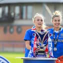 Falkirk-trained stars Sam Kerr and Nicola Docherty with the Park's Motor Group SWPL1 trophy (Picture: Ross MacDonald/SNS)