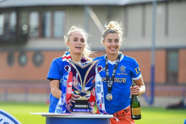 Falkirk-trained stars Sam Kerr and Nicola Docherty with the Park's Motor Group SWPL1 trophy (Picture: Ross MacDonald/SNS)