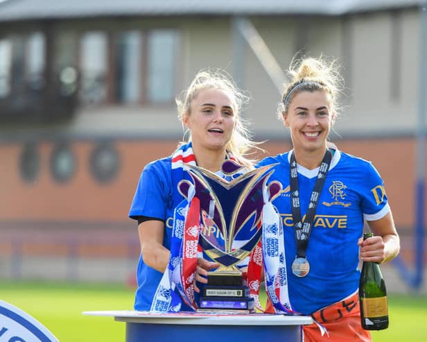 Falkirk-trained stars Sam Kerr and Nicola Docherty with the Park's Motor Group SWPL1 trophy (Picture: Ross MacDonald/SNS)