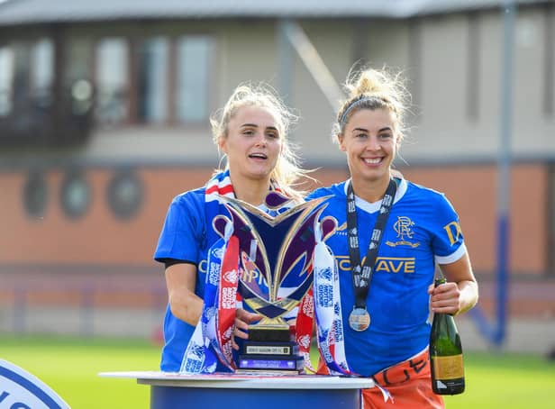 Falkirk-trained stars Sam Kerr and Nicola Docherty with the Park's Motor Group SWPL1 trophy (Picture: Ross MacDonald/SNS)