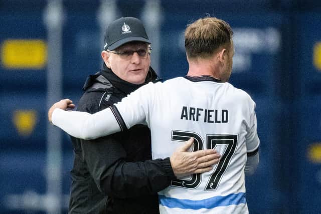 FALKIRK, SCOTLAND - FEBRUARY 08: Falkirk manager John McGlynn (L) and Scott Arfield during a William Hill Championship match between Falkirk and Partick Thistle at The Falkirk Stadium, on February 08, 2025, in Falkirk, Scotland. (Photo by Paul Byars / SNS Group)