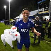 Goalscorer Jordan Kirkpatrick with an inflatable sheep during a Scottish Cup Fourth Round match between Darvel and Aberdeen at Recreation Park (Photo by Rob Casey/SNS Group)