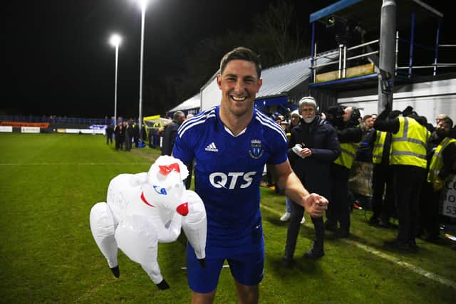 Goalscorer Jordan Kirkpatrick with an inflatable sheep during a Scottish Cup Fourth Round match between Darvel and Aberdeen at Recreation Park (Photo by Rob Casey/SNS Group)