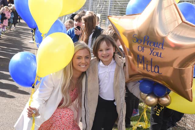 Mila Sneddon, 6, with her P2 teacher at Stenhousemuir Primary  Jenny Lenathen. Mila is in remission from acute lymphoblastic leukaemia