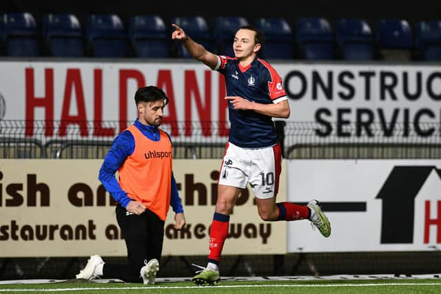 20-02-2024. Picture Michael Gillen. FALKIRK. Falkirk Stadium. Falkirk FC v Montrose FC. Season 2023 - 2024. Matchday 24. SPFL cinch League One. Second goal Falkirk, Aidan Nesbitt 10.