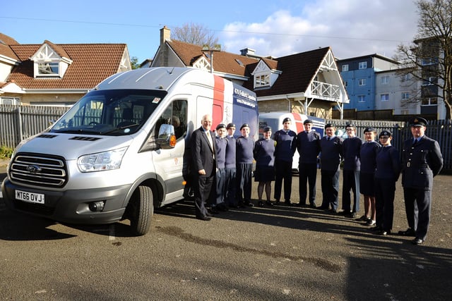 In 2019 The MacRobert Trust 'handed over' a mini bus and trailer to cadets.  The cadets are pictured with Bill Gibson, trustee for The MacRobert Trust.
