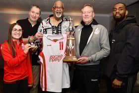 Falkirk Fury’s Daisy Lawson, club founder John Bunyan and senior men’s star Javon Daniels with ex-Solripe stars Steve Hoffman and Bobby Kinzer (Photo: Michael Gillen)