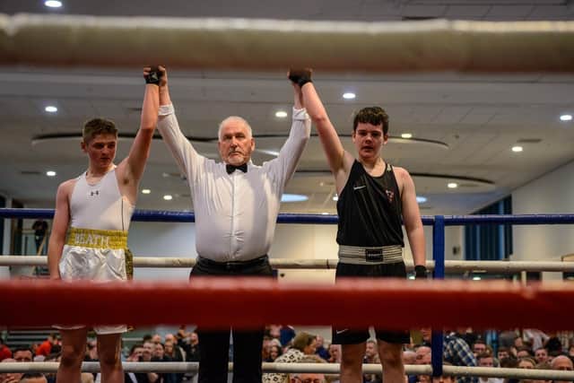 13-year old Robbie Shanks won his first exhibition against Cayden Izzat to start the night  (Pictures: Falkirk Phoenix Boxing Club)