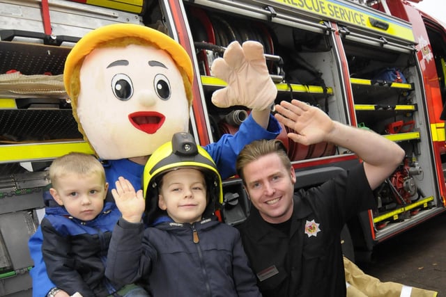Fireman Sam with Michael McFarlane, Mason Stevenson, and Denny Firefighter Paul Donnelly.