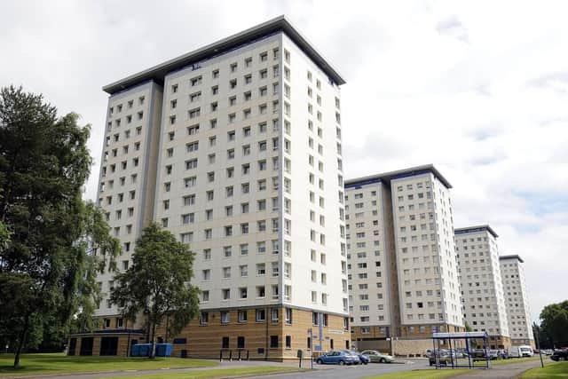 Symon Tower in Falkirk was left with only one working lift for more than two months due to a breakdown. Picture: Michael Gillen.