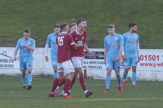Lewis Payne celebrates after netting Linlithgow Rose's equaliser against Camelon (Pic by Scott Louden)