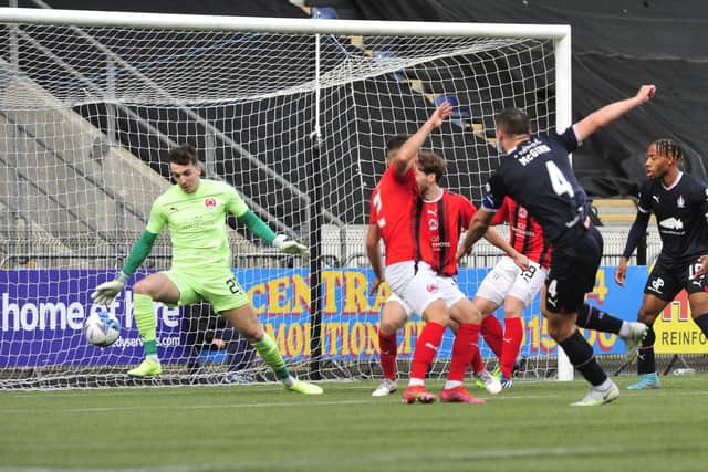 Stephen McGinn shoots home Falkirk's opener against Clyde (Pics by Alan Murray)