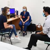 Patient Karen Forret from Wallacestone Falkirk with Marie Stein, advanced nurse practitioner, and Health Secretary, Humza Yousaf. Pic: Michael Gillen
