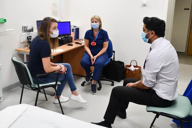 Patient Karen Forret from Wallacestone Falkirk with Marie Stein, advanced nurse practitioner, and Health Secretary, Humza Yousaf. Pic: Michael Gillen