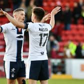 Tom Lang and Ross MacIver celebrate after Falkirk's last trip to Forthbank, which ended 2-1 to the Bairns (Photo: Michael Gillen)