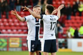 Tom Lang and Ross MacIver celebrate after Falkirk's last trip to Forthbank, which ended 2-1 to the Bairns (Photo: Michael Gillen)