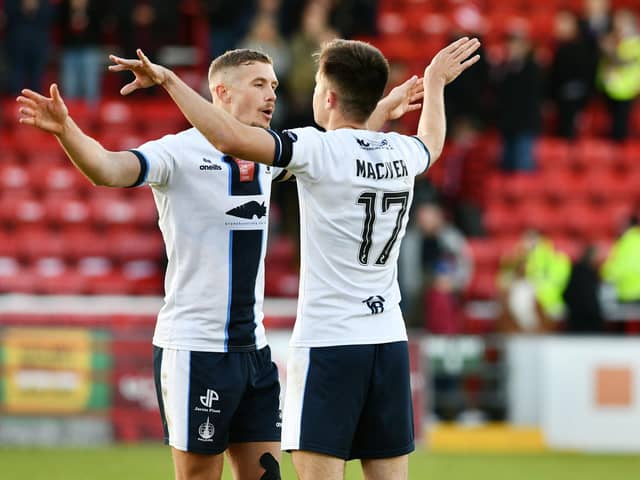 Tom Lang and Ross MacIver celebrate after Falkirk's last trip to Forthbank, which ended 2-1 to the Bairns (Photo: Michael Gillen)