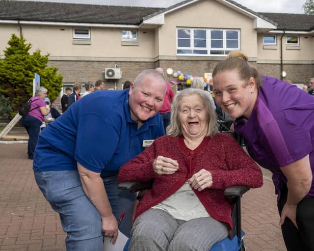 Caledonian Court Care Home 40th anniversary fun day, left to right resident Betty Moscardini with home manager Lorraine Running, left,  and carer Gemma Gibson.