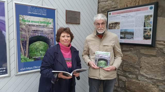 Linlithgow Civic Trust convenor Marilyne MacLaren and author John McGregor, with his new book 'Tracks Around Linlithgow'.