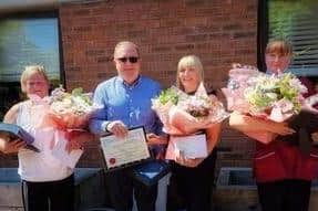 Carrondale Care Home long service awards to Tracy Gallacher, Caroline Bailie and Fiona Baikie with managing director Graeme Hendry making the presentations. Pic: Submitted