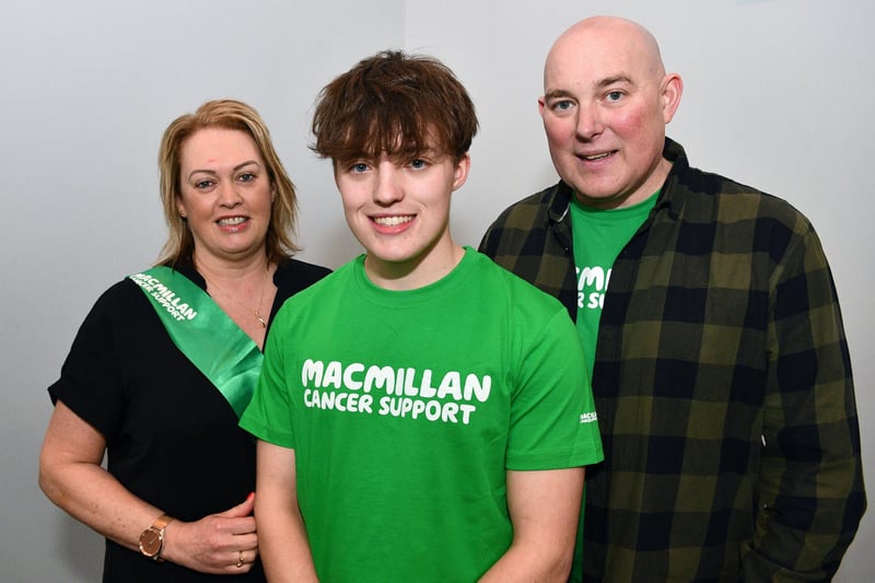 Proud mum and dad,  Doreen and Derek Bolton, with son Sam who came up with the idea of a head shave to support his dad during his cancer treatment.