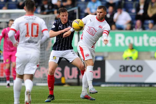 Falkirk's Paul Dixon challenges Rovers' controversial signing David Goodwillie (Picture Michael Gillen)
