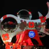 Picture Michael Gillen. The Falkirk Wheel lit with poppies to remember our fallen.