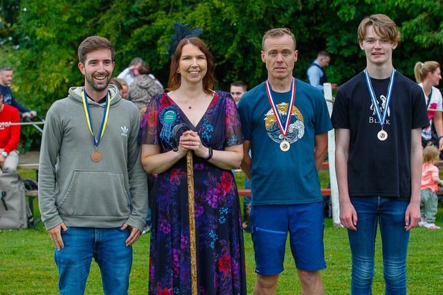 The winners of the men's open entry race with chieftain Sharon Ritchie.