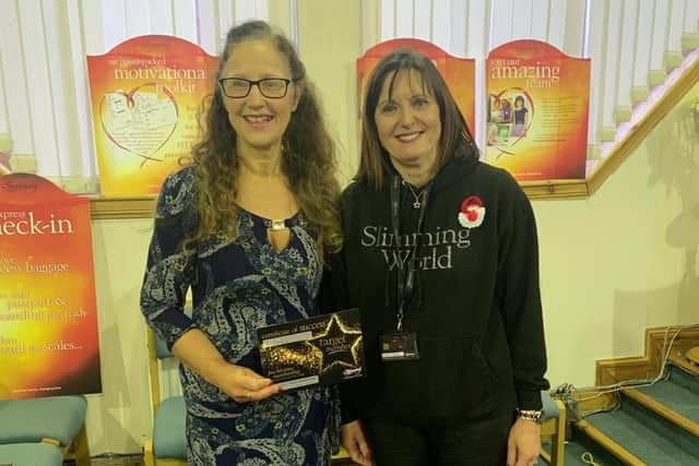 Yvonne McArthur at target weight after losing more than half her bodyweight.  Pictured with class leader Claire Aitkenhead.