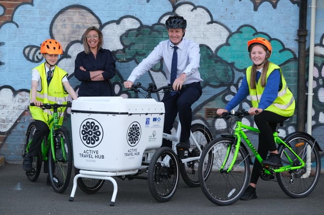 Bantaskin Primary pupils Lewis Russell and Aimee Bygrave with Falkirk West MSP Michael Matheson and Clara Walker of FEL. Contributed.