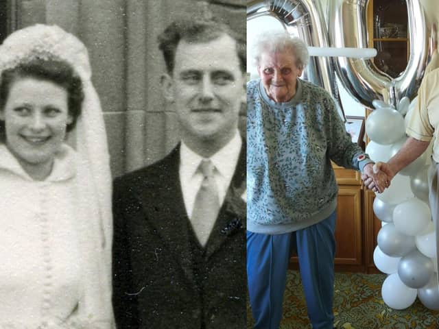 The happy couple Alice and Marshall Young, pictured on their wedding day and their anniversary.