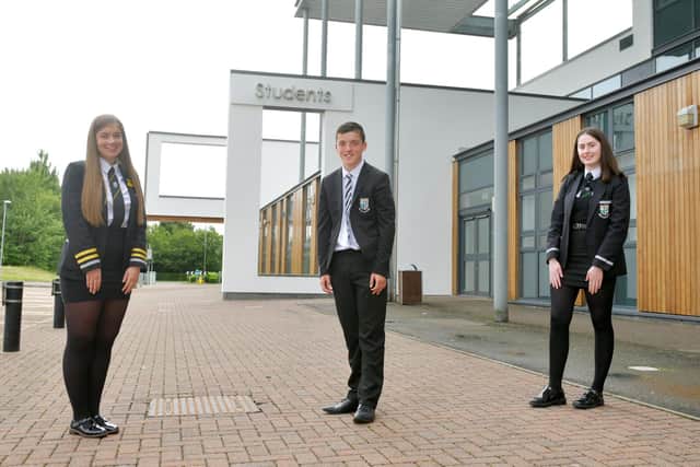 Denny High School [pupils Iona Kelly, Bradley Benton and Jessica Elliot. Picture: Michael Gillen.