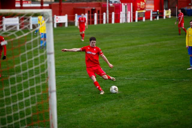 Mark Stowe about to net a penalty for Camelon last season (Pic by Scott Louden)