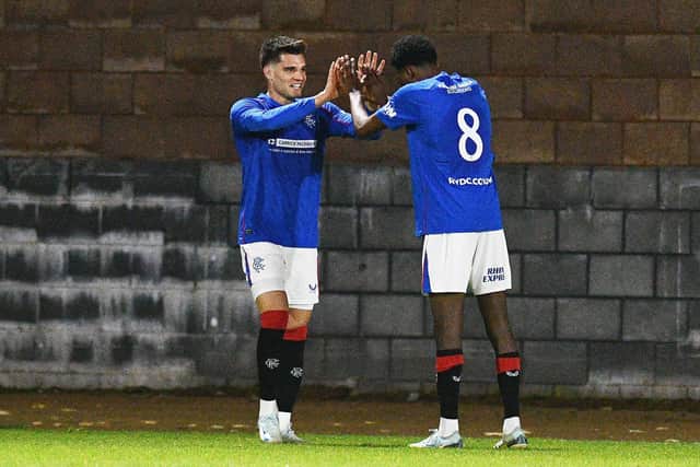 22-10-2024. Picture Michael Gillen. STIRLING. Forthbank Stadium. Rangers FC B v Stenhousemuir FC. SPFL Trust Trophy, Scottish Challenge Cup. Season 2024 - 2025. Fourth goal Rangers, credited to Ianis Hagi 10.