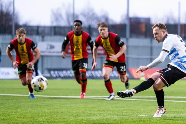 FALKIRK, SCOTLAND - FEBRUARY 08: Falkirk's Scott Arfield scores to make it 4-2 from the penalty spot during a William Hill Championship match between Falkirk and Partick Thistle at The Falkirk Stadium, on February 08, 2025, in Falkirk, Scotland. (Photo by Paul Byars / SNS Group)
