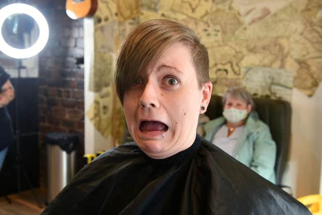 Suzanne Walker prior to her head shave for Macmillan Cancer Support at The Den Barbers in Laurieston. Picture: Michael Gillen.