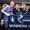 Luke Graham celebrates with team-mates Nicky Hogarth, Ross MacIver and Gary Oliver (Photo: Michael Gillen)