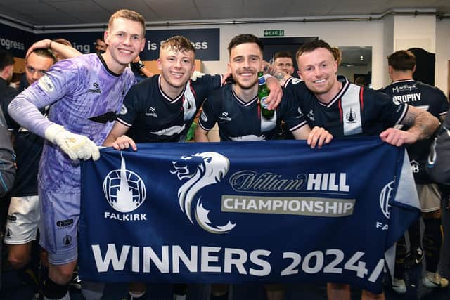 Luke Graham celebrates with team-mates Nicky Hogarth, Ross MacIver and Gary Oliver (Photo: Michael Gillen)