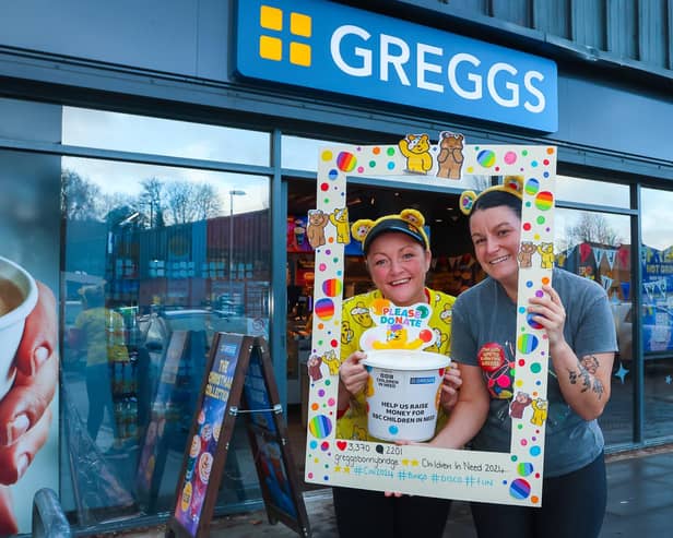 Greggs in Bonnybridge have been fundraising for Children In Need - Caroline Leary, left, and branch manager Charlene Murray. Pic: Scott Louden