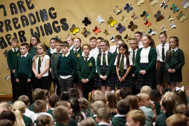 Pupils at St Patrick's Primary performed a song specially written for headteacher Anne O'Donnell's retiral