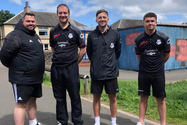 Liam is pictured far right with some of the other Bonnybridge coaches,