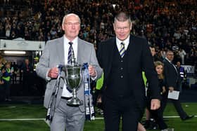 Alex Totten and SPFL CEO Neil Doncaster bring out the Scottish Championship trophy (Photo: Michael Gillen)