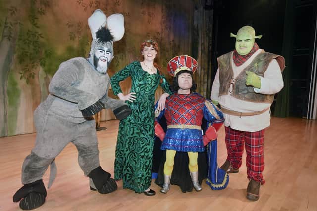 The principals of Falkirk Operatic's production of Shrek the Musical, left to right, Grant Scott-Johnson as Donkey, Ann Rice as Fiona, Ray O'Sullivan as Lord Farquaad and Darren Tasker as Shrek.