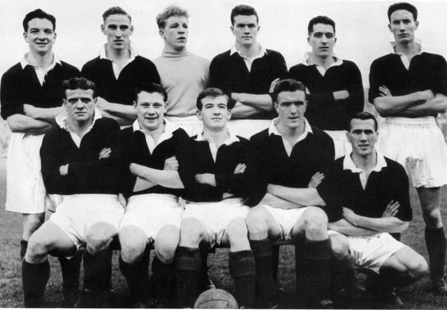 The Bairns in 1954. Angus Plumb is front row left with Bert Ormand, Javo Davidson, Bob Morrison and Alex McRae. Three of the future cup winners, Slater, Parker and Rae are in the back row.