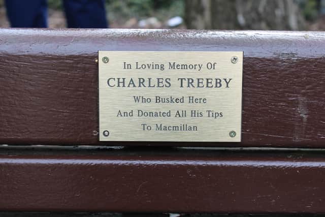 The plaque paying tribute to Charlie Treeby has been placed on a bench on Falkirk High Street.