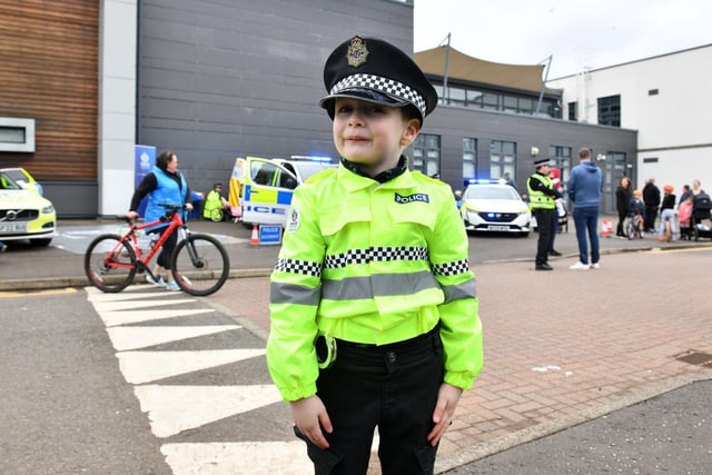 Theodore Gramalis, 5, from Grangemouth, gets ready to lay down the law at the road safety event