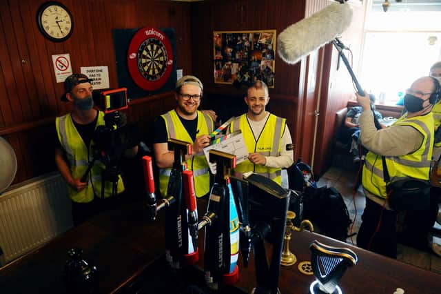 GAW Films shooting scenes for RAGE in Bo'ness. Gary A Wales, writer, director and actor playing Alex and David Penman, writer and director. Photo by Michael Gillen.