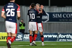 Raith Rovers loanee Ethan Ross celebrates during a match against Montrose playing for League One champions-elect Falkirk (Photo: Michael Gillen)