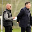 Dunipace manager Danny Smith and his assistant Alan Moffat on the touchline during the first round tie against Broxburn (Photo: Alan Murray)